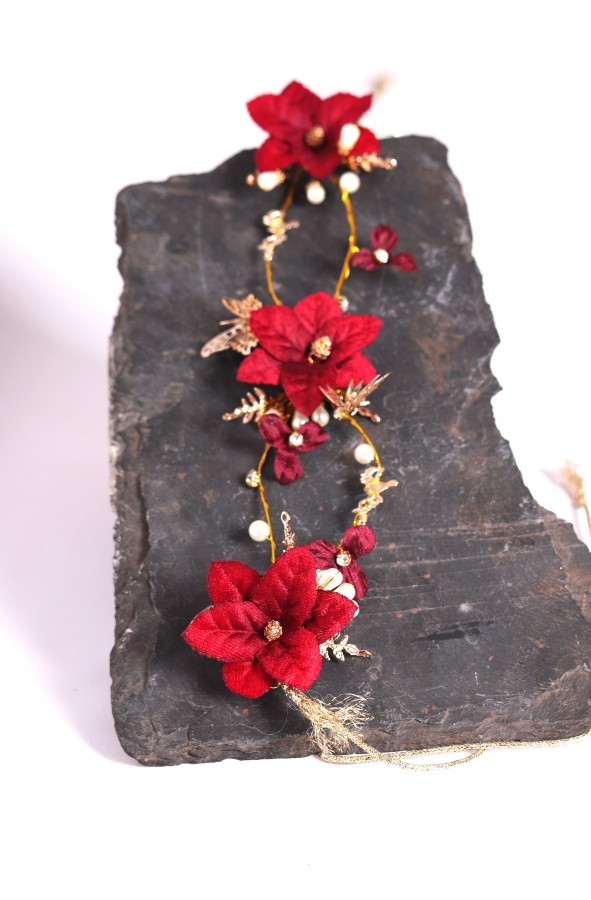 Medieval golden headband with red...
