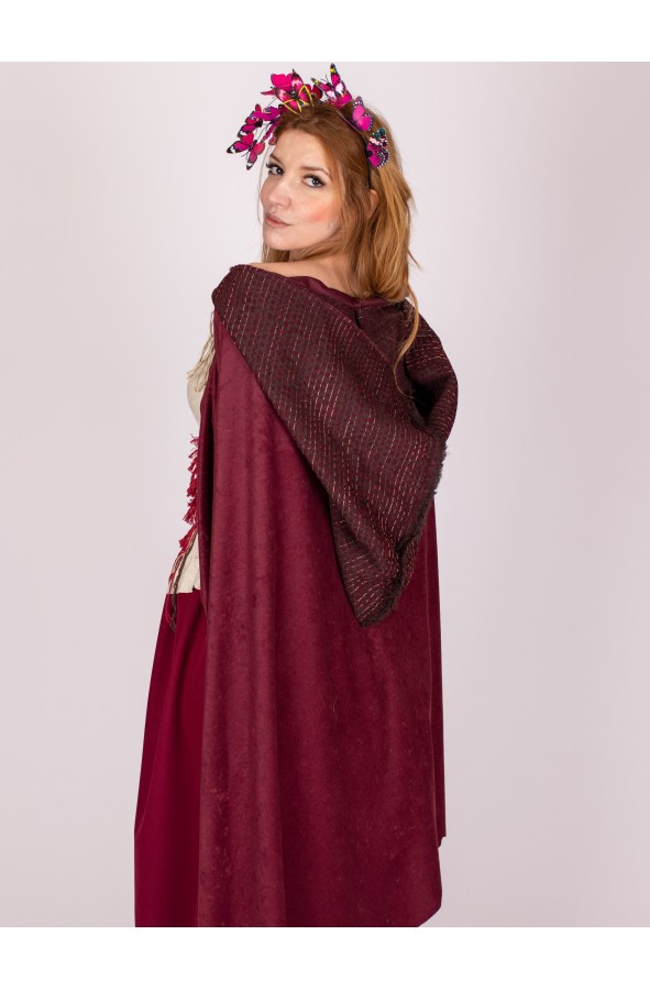 Maroon hooded medieval cloak