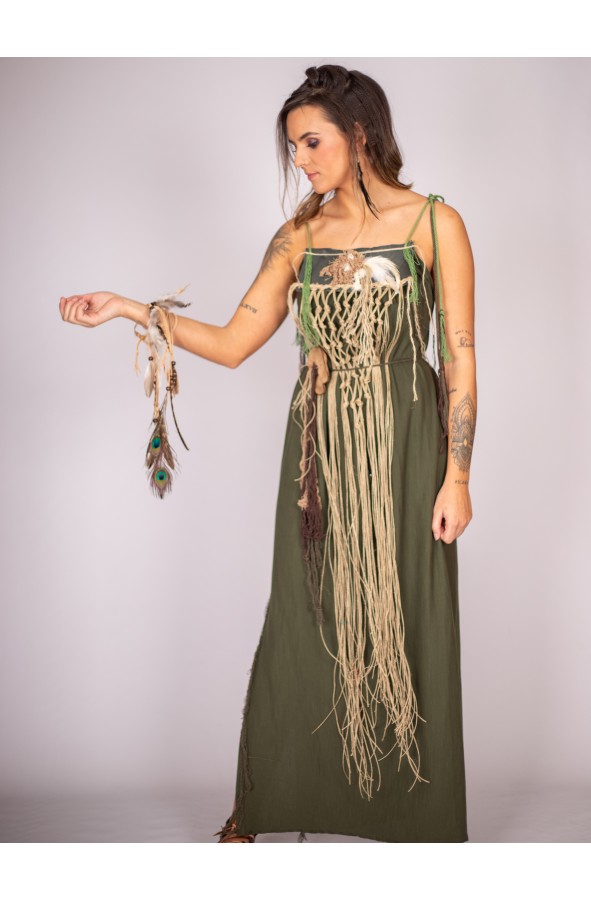 Rustic green Celtic dress with hemp rope