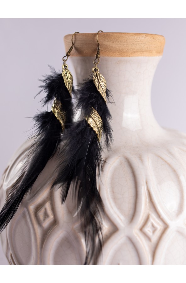 Black Feather Earrings with Golden...
