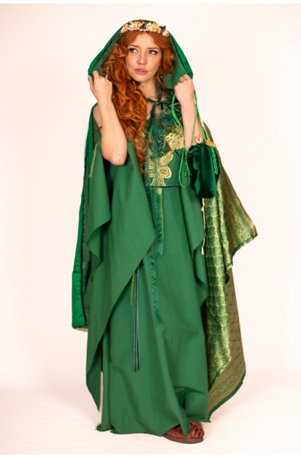 Green Medieval Cloak with Golden...