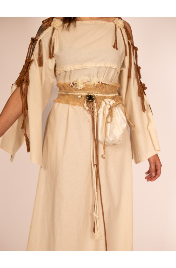 Medieval Frayed Burlap Belt with Integrated Bag and Rose Metal and Crystal Decorations - Yutecrea