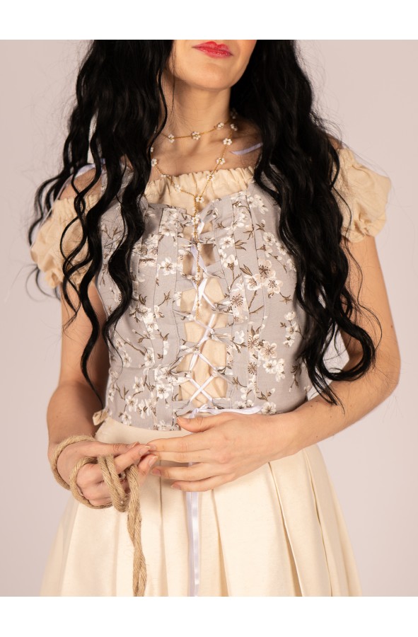 Light grey bodice with almond blossom...