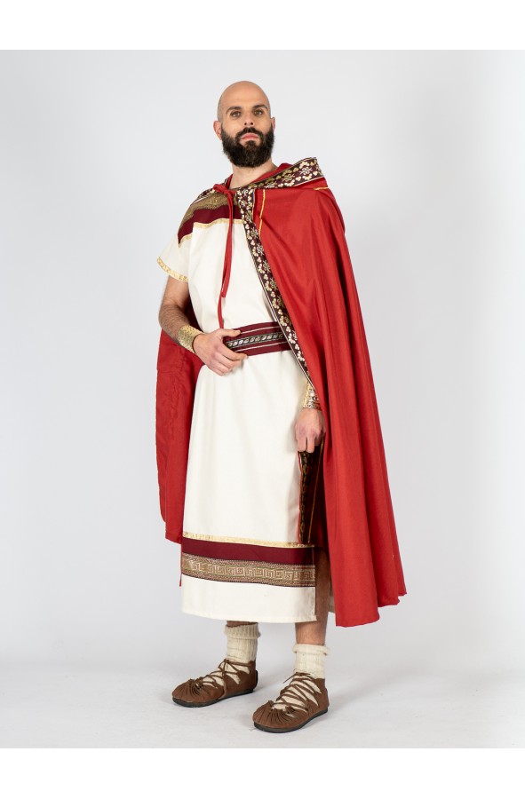 Roman red cloak with hood and ornate...