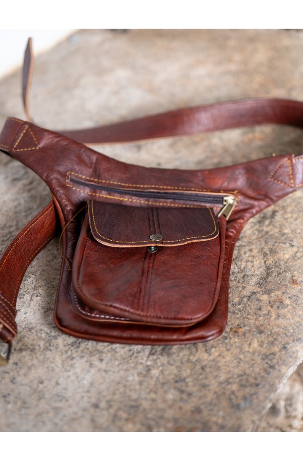 Brown leather waist bag with multiple...