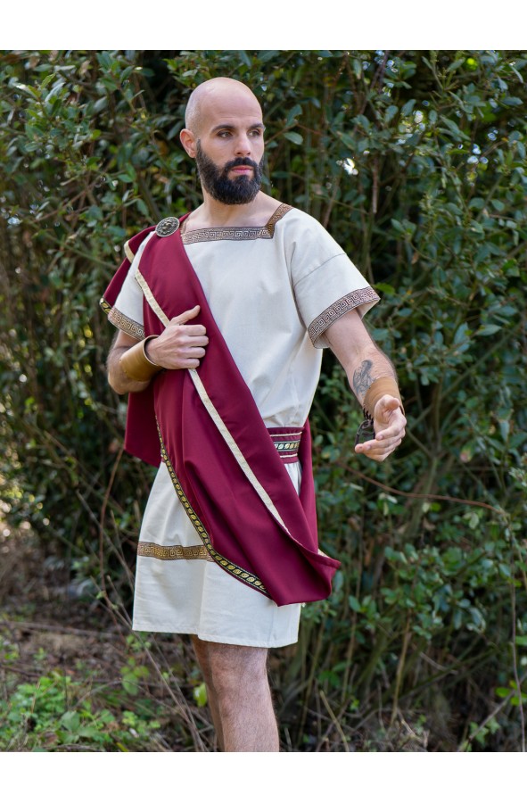 Roman white tunic with burgundy toga...