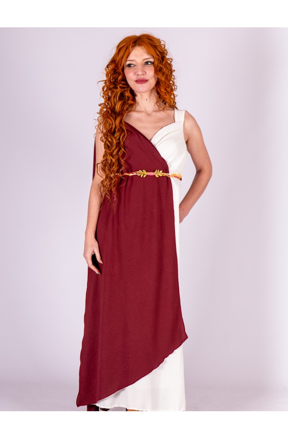 Vestido de romana en blanco y burdeos