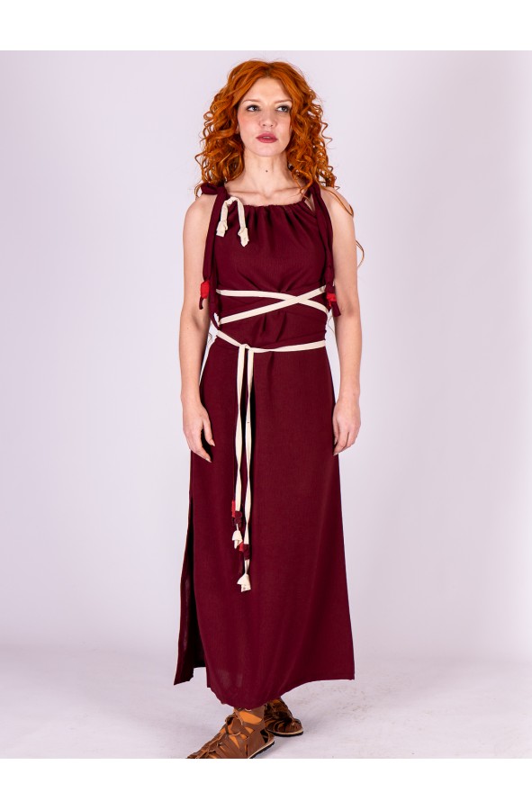 Burgundy Roman Dress with Crossed Belt