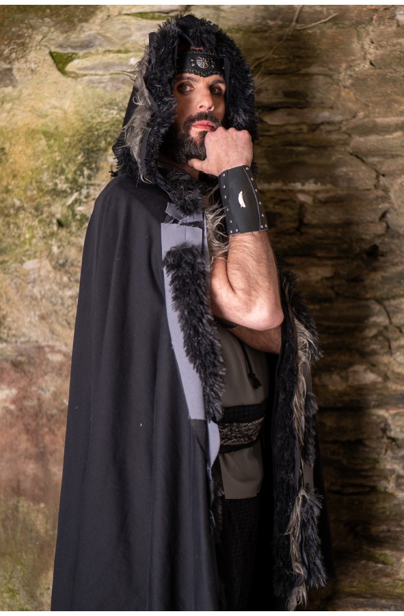 Black Hooded Cloak with Handmade Grey...